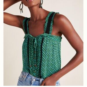 Anthropologie Green and Black Patterned Blouse